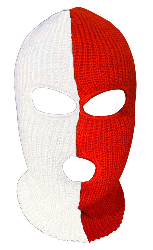 Ski Mask White and Red 3 holes Half  White Half Black Colors