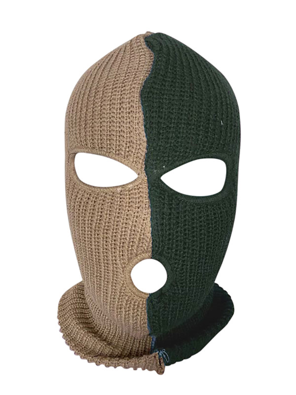 Ski Mask Beige and Hunter Green Two Tone 3 holes Half Beige Half Hunter Green