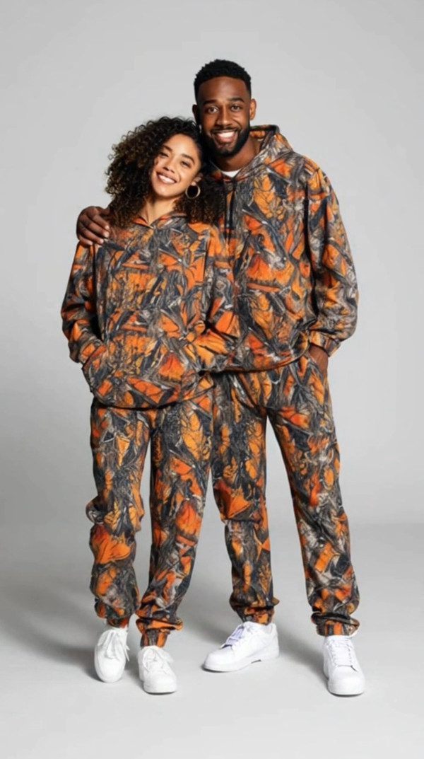 Orange Fleece Camo Hoodie and Flared Pants Sweats Set
