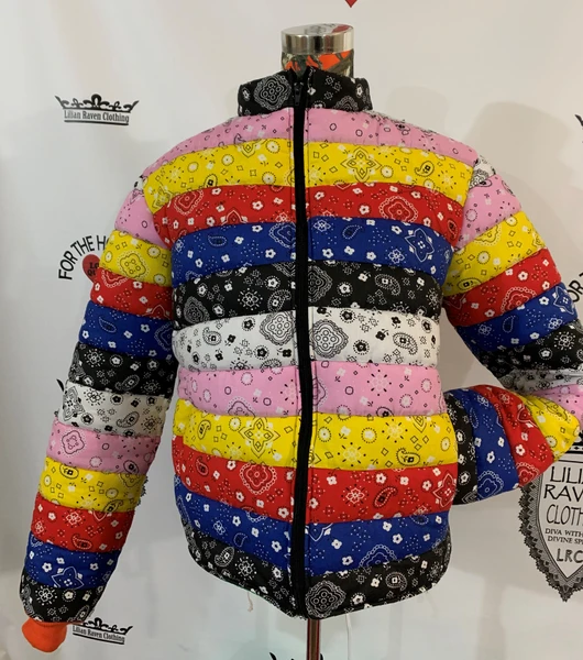 Front black, blue, red, yellow, pink, white bandana strips made into a puffer jacket