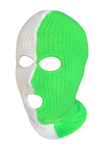 Ski Mask Half Slime Green Half White colors 3 holes Lime Ice