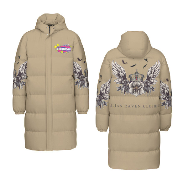 Greige Long Puffer Jacket with Wings