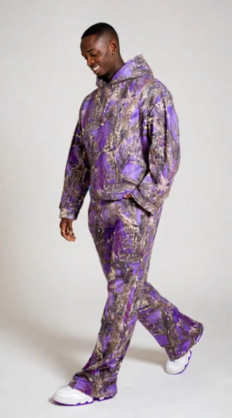 Purple Fleece Camo Hoodie and Flared Pants Sweats Set