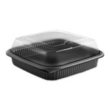 Culinary Squares 2-piece/3-compartment Microwavable Container, 21 Oz/6 Oz/6 Oz, 8.46 X 8.46 X 2.5, Clear/black, 150/carton