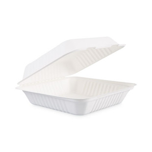 Bagasse Food Containers, Hinged-lid, 1-compartment 9 X 9 X 3.19, White, 100/sleeve, 2 Sleeves/carton