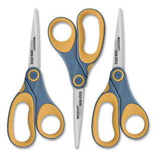 Non-stick Titanium Bonded Scissors, 8" Long, 3.25" Cut Length, Gray/yellow Straight Handles, 3/pack