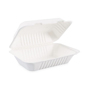 Bagasse Food Containers, Hinged-lid, 1-compartment 9 X 6 X 3.19, White, 125/sleeve, 2 Sleeves/carton
