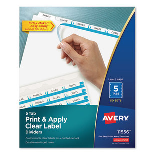 Print And Apply Index Maker Clear Label Dividers, 5 White Tabs, Letter, 50 Sets