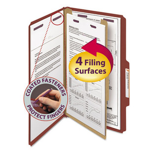 Pressboard Classification Folders With Safeshield Coated Fasteners, 2/5 Cut, 1 Divider, Legal Size, Red, 10/box
