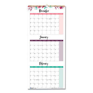 3-month Quarterly Wall Calendar, Passion Floral Artwork, 12.25 X 27, White/multicolor Sheets, 14-month: Dec 2025 To Jan 2027
