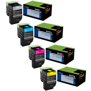 Lexmark 801H Set | 80C1HC0 80C1HK0 80C1HM0 80C1HY0 | Original Lexmark High-Yield Toner Cartridges – Black, Cyan, Magenta, Yellow