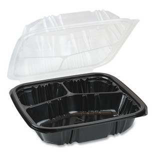 Earthchoice Vented Dual Color Microwavable Hinged Lid Container, 33 Oz, 8.5 X 8.5 X 3, 3-compartment, Black/clear, 150/carton