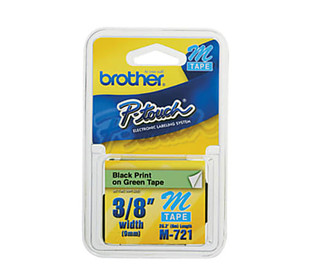 M-721 | Original Brother Non-Laminated Tape for P-touch, 0.35" X 26.2 Ft - Black on Green