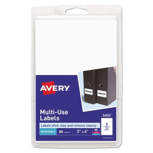 Removable Multi-use Labels, Inkjet/laser Printers, 3 X 4, White, 2/sheet, 40 Sheets/pack, (5453) Removable Multi-use Labels, Inkjet/laser Printers, 3 X 4, White, 2/sheet, 40 Sheets/pack, (5453)
