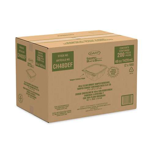 Clearpac Safeseal Tamper-resistant, Tamper-evident Containers, Flat Lid, 48 Oz, 7.8 X 8.1 X 2.5, Clear, 100/bag, 2 Bags/ct