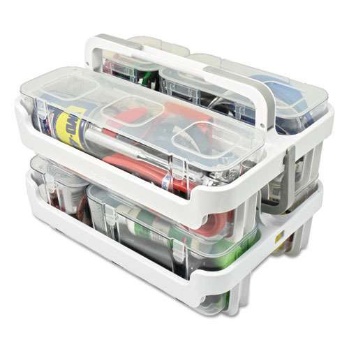 New Deflecto Stackable Caddy Organizer w/ S, M & L Containers, White Caddy, Clear Containers,Each