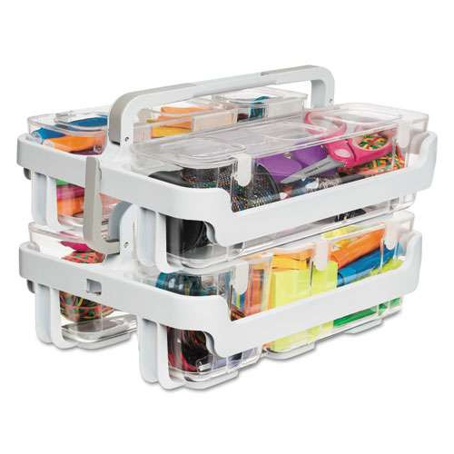 Stackable Caddy Organizer With S, M And L Containers, Plastic, 10.5 X 14 X 6.5, White Caddy/clear Containers Stackable Caddy Organizer With S, M And L Containers, Plastic, 10.5 X 14 X 6.5, White Caddy/clear Containers