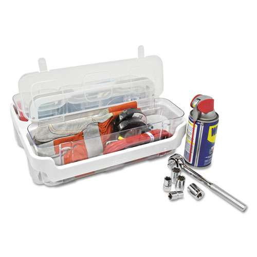Stackable Caddy Organizer With S, M And L Containers, Plastic, 10.5 X 14 X 6.5, White Caddy/clear Containers Stackable Caddy Organizer With S, M And L Containers, Plastic, 10.5 X 14 X 6.5, White Caddy/clear Containers