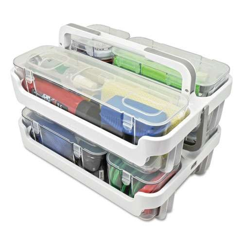 Stackable Caddy Organizer With S, M And L Containers, Plastic, 10.5 X 14 X 6.5, White Caddy/clear Containers Stackable Caddy Organizer With S, M And L Containers, Plastic, 10.5 X 14 X 6.5, White Caddy/clear Containers