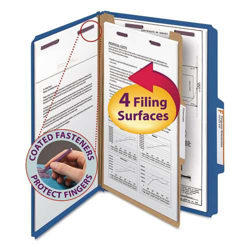 Four-section Pressboard Top Tab Classification Folders With Safeshield Fasteners, 1 Divider, Legal Size, Dark Blue, 10/box