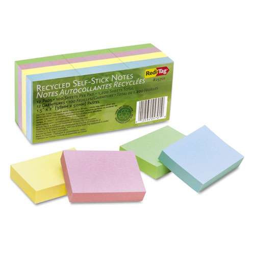 100% Recycled Self-stick Notes, 1.5" X 2", Assorted Pastel Colors, 100 Sheets/pad, 12 Pads/pack 100% Recycled Self-stick Notes, 1.5" X 2", Assorted Pastel Colors, 100 Sheets/pad, 12 Pads/pack