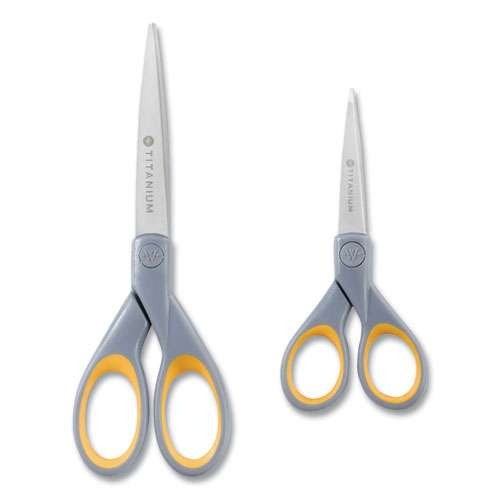 Titanium Bonded Scissors, 5" And 7" Long, 2.25" And 3.5" Cut Lengths, Gray/yellow Straight Handles, 2/pack Titanium Bonded Scissors, 5" And 7" Long, 2.25" And 3.5" Cut Lengths, Gray/yellow Straight Handles, 2/pack