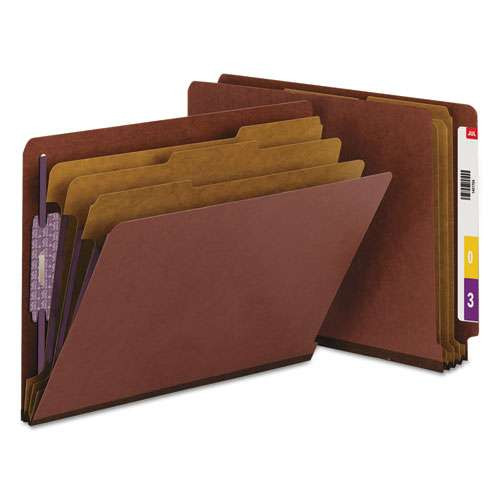 End Tab Pressboard Classification Folders With Safeshield Coated Fasteners, 3 Dividers, Letter Size, Red, 10/box