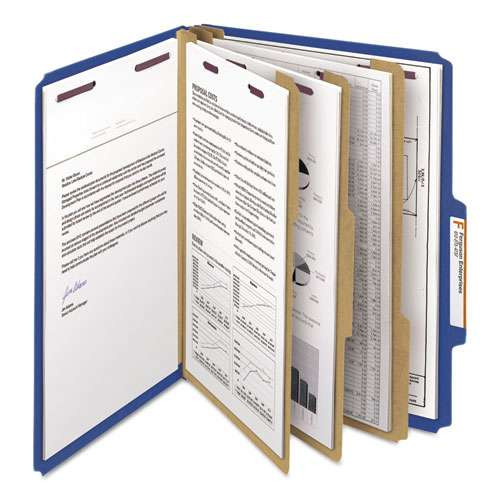 Eight-section Pressboard Top Tab Classification Folders With Safeshield Fasteners, 3 Dividers, Letter Size, Dark Blue, 10/box