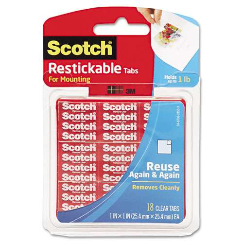 Restickable Mounting Tabs, Removable, Repositionable, Holds Up To 1 Lb (4 Tabs), 1 X 1, Clear, 18/pack Restickable Mounting Tabs, Removable, Repositionable, Holds Up To 1 Lb (4 Tabs), 1 X 1, Clear, 18/pack