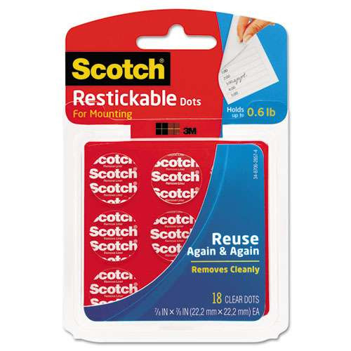Restickable Mounting Tabs, Removable, Repositionable, Holds Up To 1 Lb (4 Tabs), 1 X 1, Clear, 18/pack Restickable Mounting Tabs, Removable, Repositionable, Holds Up To 1 Lb (4 Tabs), 1 X 1, Clear, 18/pack