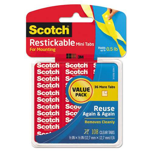 Restickable Mounting Tabs, Removable, Repositionable, Holds Up To 1 Lb (4 Tabs), 1 X 1, Clear, 18/pack Restickable Mounting Tabs, Removable, Repositionable, Holds Up To 1 Lb (4 Tabs), 1 X 1, Clear, 18/pack