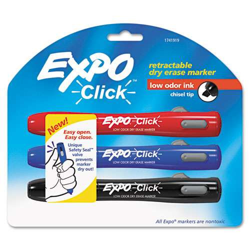 Click Dry Erase Marker, Broad Chisel Tip, Assorted Colors, 3/set