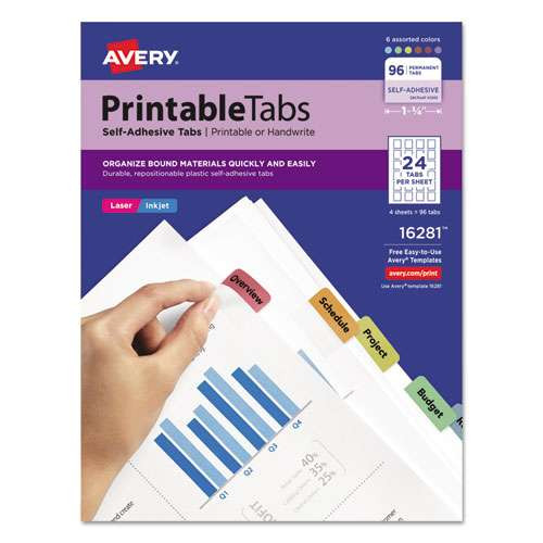 Printable Plastic Tabs With Repositionable Adhesive, 1/5-cut Tabs, Assorted Colors, 1.25" Wide, 96/pack Printable Plastic Tabs With Repositionable Adhesive, 1/5-cut Tabs, Assorted Colors, 1.25" Wide, 96/pack
