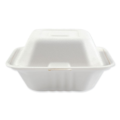 Bagasse Food Containers, Hinged-lid, 1-compartment 6 X 6 X 3.19, White, 125/sleeve, 4 Sleeves/carton