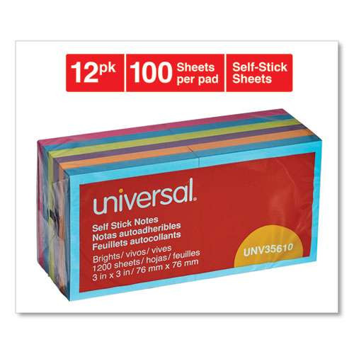 Self-stick Note Pads, 3" X 3", Assorted Bright Colors, 100 Sheets/pad, 12 Pads/pack Self-stick Note Pads, 3" X 3", Assorted Bright Colors, 100 Sheets/pad, 12 Pads/pack