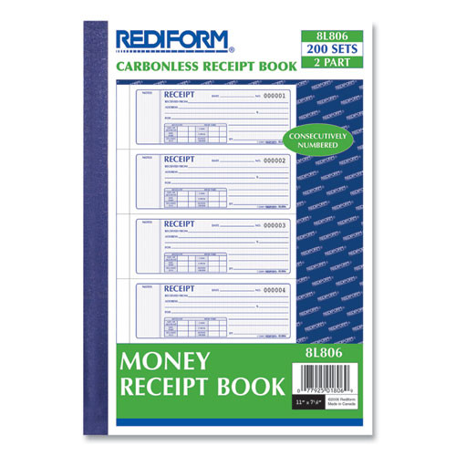 Money Receipt Book, Two-part Carbonless, 7 X 2.75, 4/page, 200 Forms