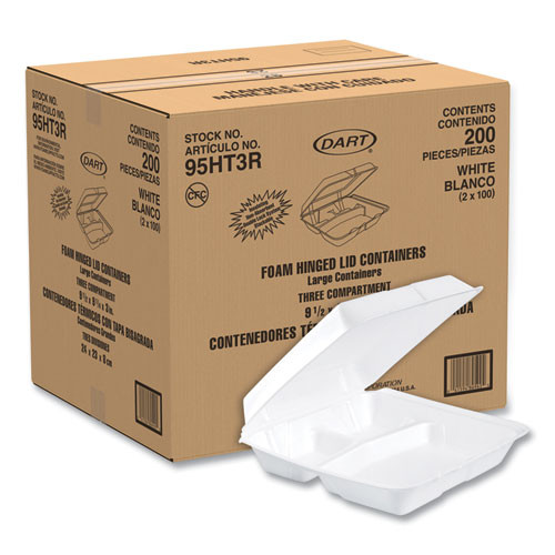 Foam Hinged Lid Containers, 3-compartment, 9.25 X 9.5 X 3, White, 200/carton Foam Hinged Lid Containers, 3-compartment, 9.25 X 9.5 X 3, White, 200/carton