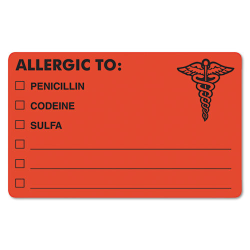Allergy Warning Labels, Allergic To: Penicilln, Codeine, Sulfa, 2.5 X 4, Fluorescent Red, 100/roll