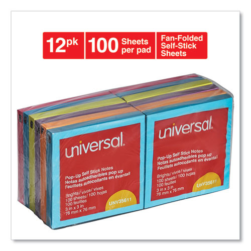 Fan-folded Self-stick Pop-up Note Pads, 3" X 3", Assorted Bright Colors, 100 Sheets/pad, 12 Pads/pack Fan-folded Self-stick Pop-up Note Pads, 3" X 3", Assorted Bright Colors, 100 Sheets/pad, 12 Pads/pack