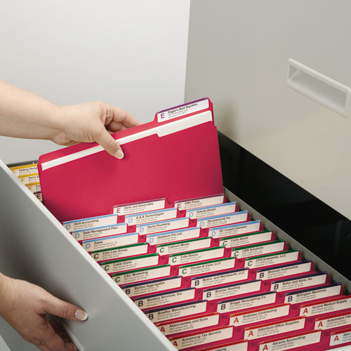 Reinforced Top Tab Colored File Folders, 1/3-cut Tabs: Assorted, Letter Size, 0.75" Expansion, Red, 100/box Reinforced Top Tab Colored File Folders, 1/3-cut Tabs: Assorted, Letter Size, 0.75" Expansion, Red, 100/box