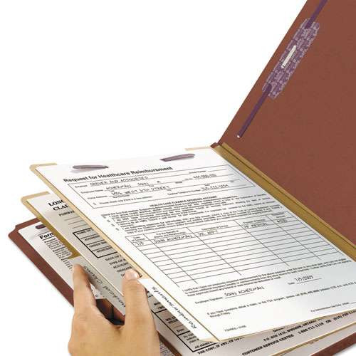 End Tab Pressboard Classification Folders With Safeshield Coated Fasteners, 2 Dividers, Letter Size, Red, 10/box