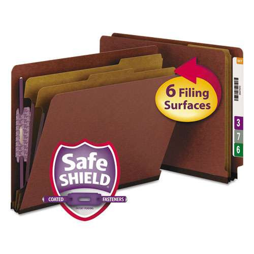 End Tab Pressboard Classification Folders With Safeshield Coated Fasteners, 2 Dividers, Letter Size, Red, 10/box
