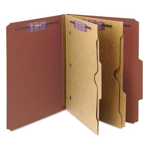 6-section Pressboard Top Tab Pocket-style Classification Folders With Safeshield Fasteners, 2 Dividers, Letter, Red, 10/box