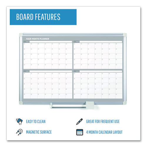 Magnetic Dry Erase Calendar Board, Four-month Planning/scheduling, 48" X 36", White Surface, Satin Aluminum Frame Magnetic Dry Erase Calendar Board, Four-month Planning/scheduling, 48" X 36", White Surface, Satin Aluminum Frame