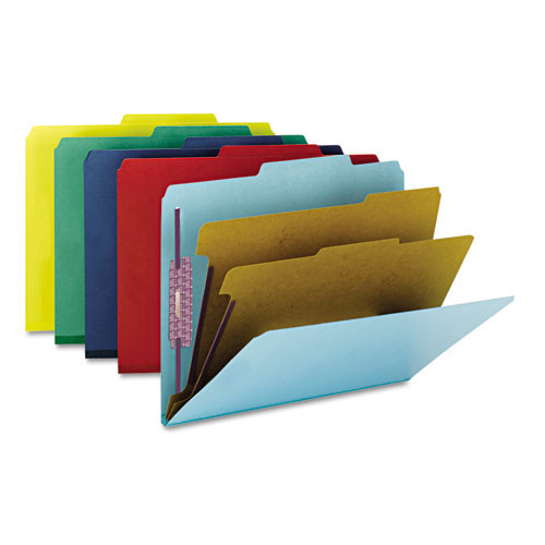 Six-section Pressboard Top Tab Classification Folders With Safeshield Fasteners, 2 Dividers, Letter Size, Blue, 10/box