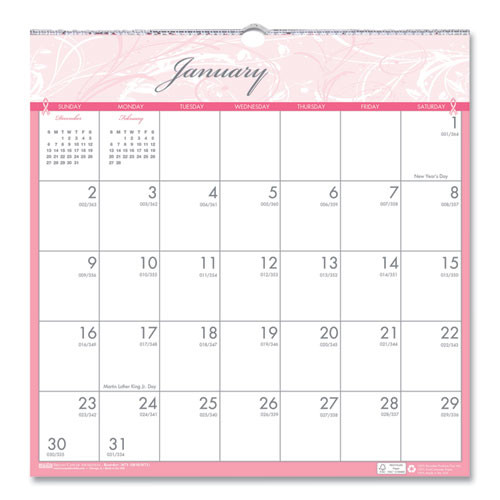 Recycled Monthly Wall Calendar, Breast Cancer Awareness Artwork, 12 X 12, White/pink/gray Sheets, 12-month (jan-dec): 2025 Recycled Monthly Wall Calendar, Breast Cancer Awareness Artwork, 12 X 12, White/pink/gray Sheets, 12-month (jan-dec): 2025