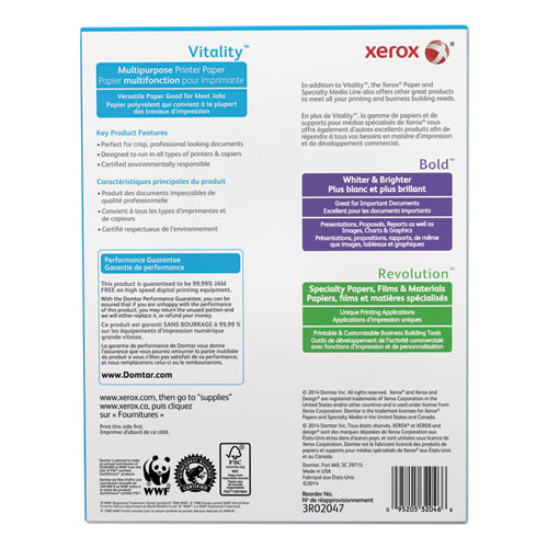 Vitality Multipurpose Print Paper, 92 Bright, 20 Lb, 8.5 X 11, White, 500/ream