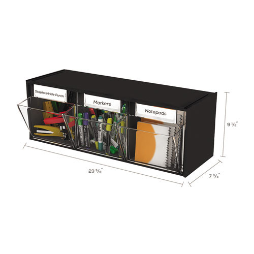 Tilt Bin Interlocking Multi-bin Storage Organizer, 3 Sections, 23.63" X 7.75" X 9.5", Black/clear Tilt Bin Interlocking Multi-bin Storage Organizer, 3 Sections, 23.63" X 7.75" X 9.5", Black/clear