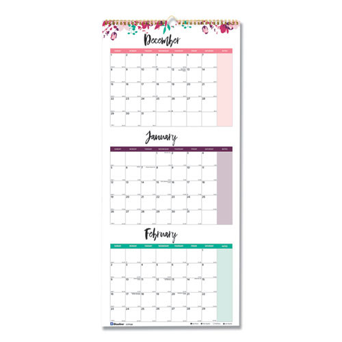 3-month Quarterly Wall Calendar, Passion Floral Artwork, 12.25 X 27, White/multicolor Sheets, 14-month: Dec 2025 To Jan 2027 3-month Quarterly Wall Calendar, Passion Floral Artwork, 12.25 X 27, White/multicolor Sheets, 14-month: Dec 2025 To Jan 2027