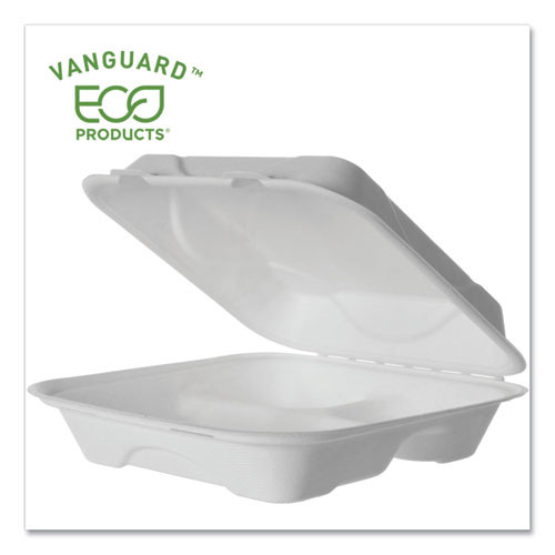 Vanguard Renewable And Compostable Sugarcane Clamshells, 3-compartment, 9 X 9 X 3, White, 200/carton Vanguard Renewable And Compostable Sugarcane Clamshells, 3-compartment, 9 X 9 X 3, White, 200/carton